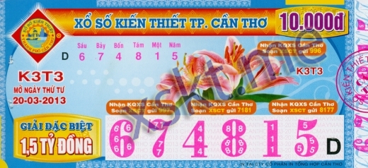 Mẫu vé sô xổ số Cần Thơ ngày 20/3/2013