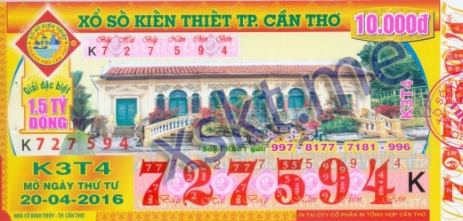 Mẫu vé sô xổ số Cần Thơ ngày 20/4/2016