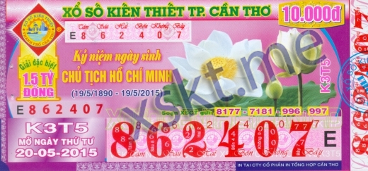 Mẫu vé sô xổ số Cần Thơ ngày 20/5/2015