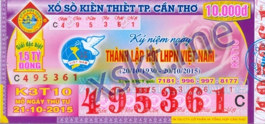 Mẫu vé sô xổ số Cần Thơ ngày 21/10/2015