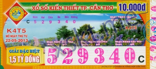 Mẫu vé sô xổ số Cần Thơ ngày 22/5/2013