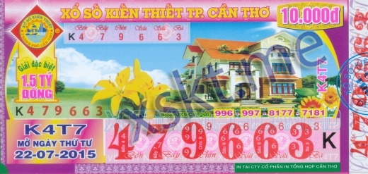 Mẫu vé sô xổ số Cần Thơ ngày 22/7/2015