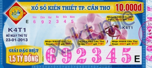 Mẫu vé sô xổ số Cần Thơ ngày 23/1/2013