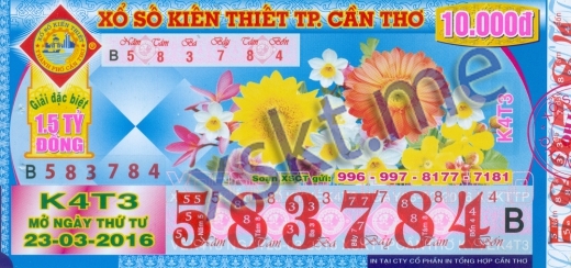 Mẫu vé sô xổ số Cần Thơ ngày 23/3/2016