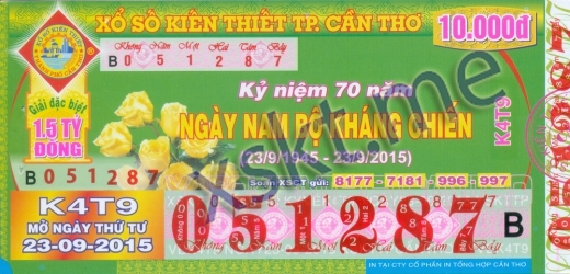 Mẫu vé sô xổ số Cần Thơ ngày 23/9/2015