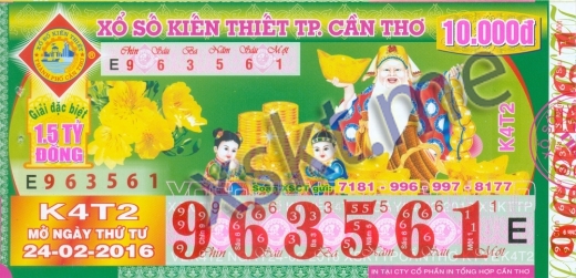 Mẫu vé sô xổ số Cần Thơ ngày 24/2/2016