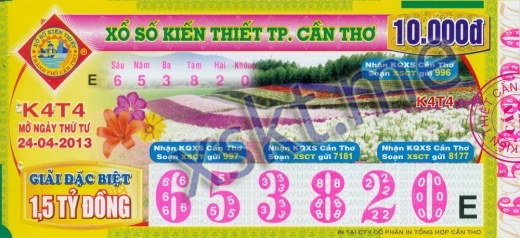 Mẫu vé sô xổ số Cần Thơ ngày 24/4/2013