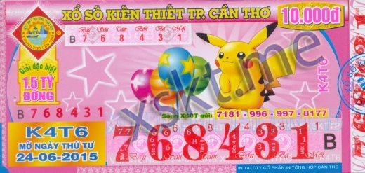 Mẫu vé sô xổ số Cần Thơ ngày 24/6/2015