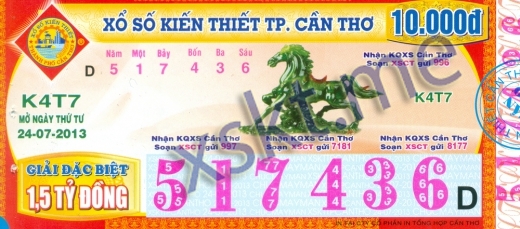 Mẫu vé sô xổ số Cần Thơ ngày 24/7/2013
