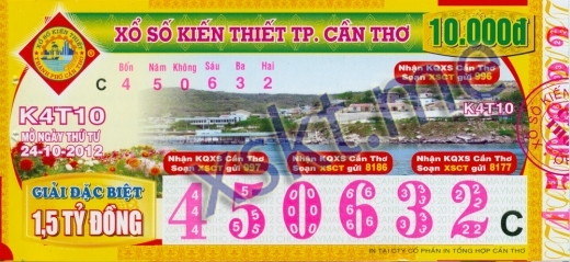 Mẫu vé sô xổ số Cần Thơ ngày 24/10/2012