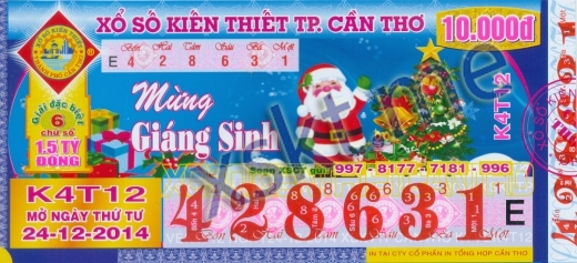 Mẫu vé sô xổ số Cần Thơ ngày 24/12/2014