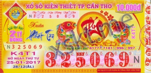 Mẫu vé sô xổ số Cần Thơ ngày 25/1/2017