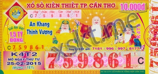 Mẫu vé sô xổ số Cần Thơ ngày 25/2/2015