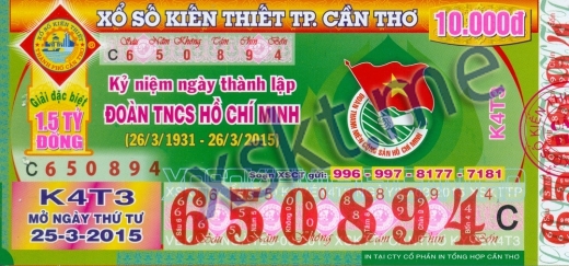 Mẫu vé sô xổ số Cần Thơ ngày 25/3/2015