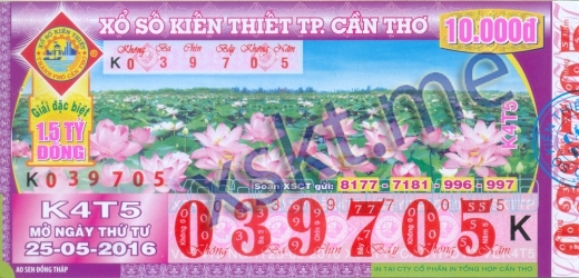 Mẫu vé sô xổ số Cần Thơ ngày 25/5/2016