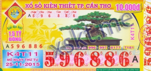 Mẫu vé sô xổ số Cần Thơ ngày 25/11/2015