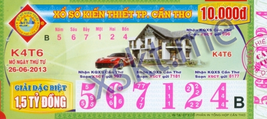 Mẫu vé sô xổ số Cần Thơ ngày 26/6/2013