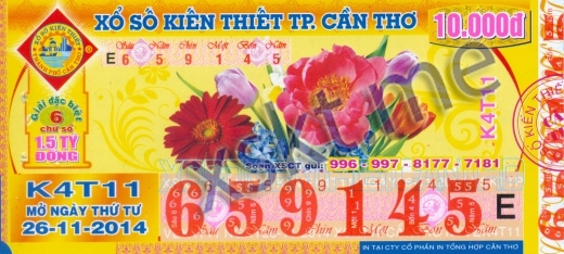 Mẫu vé sô xổ số Cần Thơ ngày 26/11/2014