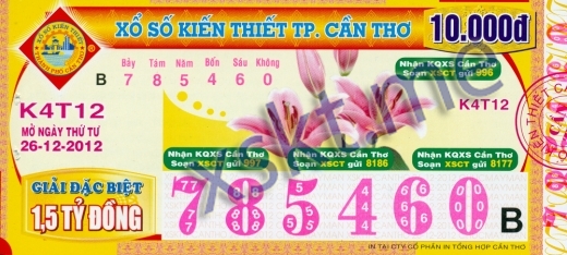 Mẫu vé sô xổ số Cần Thơ ngày 26/12/2012
