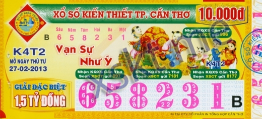 Mẫu vé sô xổ số Cần Thơ ngày 27/2/2013