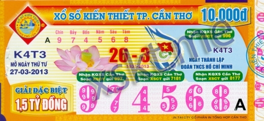 Mẫu vé sô xổ số Cần Thơ ngày 27/3/2013