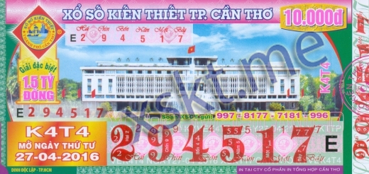 Mẫu vé sô xổ số Cần Thơ ngày 27/4/2016