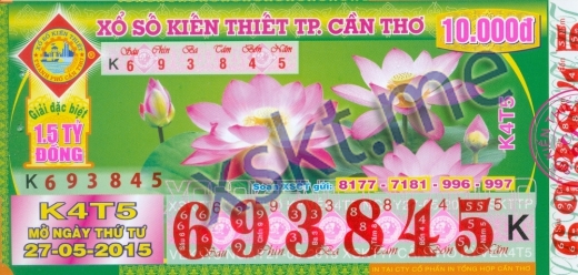 Mẫu vé sô xổ số Cần Thơ ngày 27/5/2015