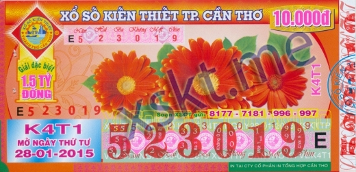 Mẫu vé sô xổ số Cần Thơ ngày 28/1/2015