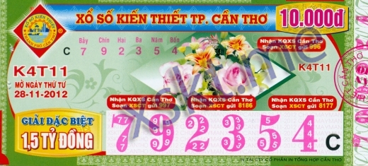 Mẫu vé sô xổ số Cần Thơ ngày 28/11/2012