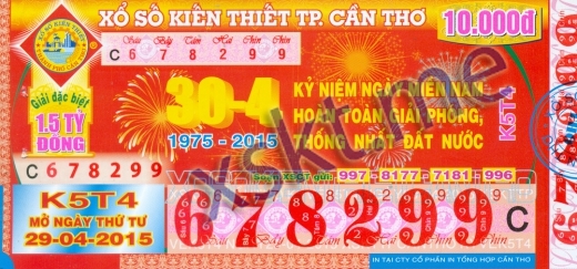 Mẫu vé sô xổ số Cần Thơ ngày 29/4/2015