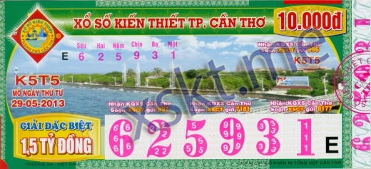 Mẫu vé sô xổ số Cần Thơ ngày 29/5/2013
