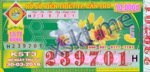 Mẫu vé sô xổ số Cần Thơ ngày 30/3/2016