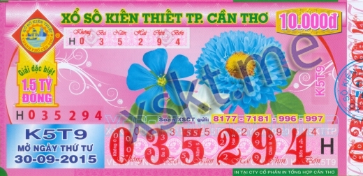 Mẫu vé sô xổ số Cần Thơ ngày 30/9/2015
