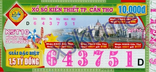 Mẫu vé sô xổ số Cần Thơ ngày 31/10/2012