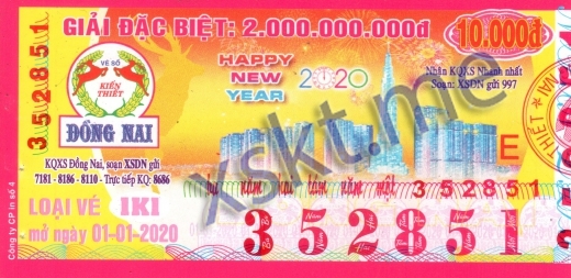 Mẫu vé sô xổ số Đồng Nai ngày 1/1/2020