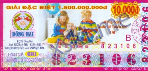 Mẫu vé sô xổ số Đồng Nai ngày 1/6/2016