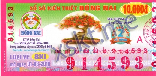 Mẫu vé sô xổ số Đồng Nai ngày 1/8/2018