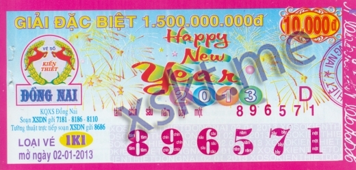 Mẫu vé sô xổ số Đồng Nai ngày 2/1/2013