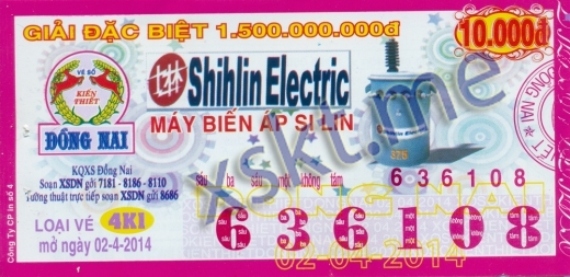 Mẫu vé sô xổ số Đồng Nai ngày 2/4/2014