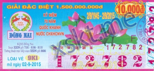 Mẫu vé sô xổ số Đồng Nai ngày 2/9/2015