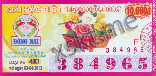 Mẫu vé sô xổ số Đồng Nai ngày 3/4/2013