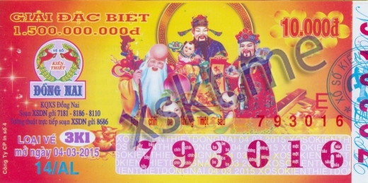 Mẫu vé sô xổ số Đồng Nai ngày 4/3/2015