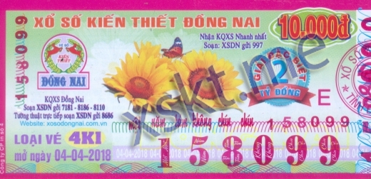 Mẫu vé sô xổ số Đồng Nai ngày 4/4/2018