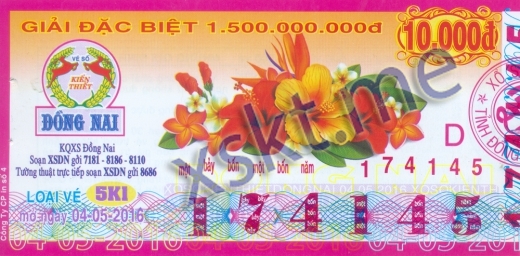 Mẫu vé sô xổ số Đồng Nai ngày 4/5/2016