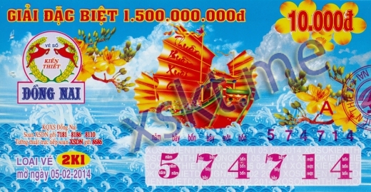 Mẫu vé sô xổ số Đồng Nai ngày 5/2/2014