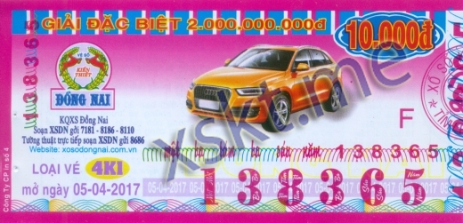 Mẫu vé sô xổ số Đồng Nai ngày 5/4/2017