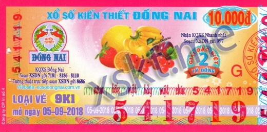 Mẫu vé sô xổ số Đồng Nai ngày 5/9/2018