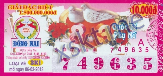 Mẫu vé sô xổ số Đồng Nai ngày 6/3/2013
