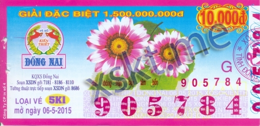 Mẫu vé sô xổ số Đồng Nai ngày 6/5/2015