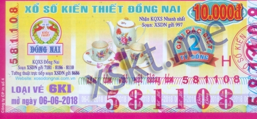 Mẫu vé sô xổ số Đồng Nai ngày 6/6/2018